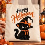 Black Cat tote bag standing beside pumpkins and a lantern - Happy Halloween canvas tote Toronto