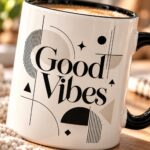 Good Vibes mug print close-up - Art Deco serif lettering, line fans, half circles and sand triangle