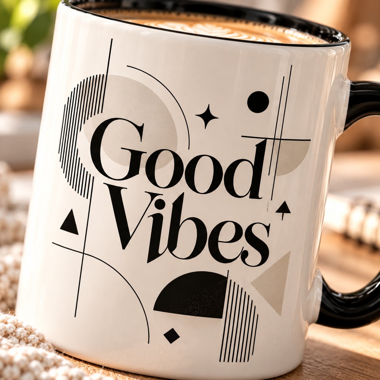 Good Vibes mug print close-up - Art Deco serif lettering, line fans, half circles and sand triangle