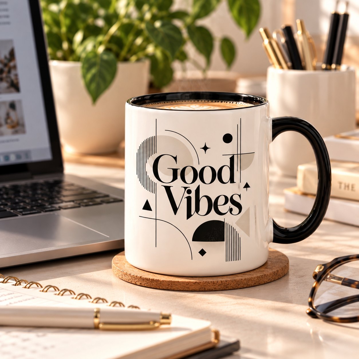 Good Vibes mug on a desk beside a laptop and notebook - large coffee mug for the home office GTA