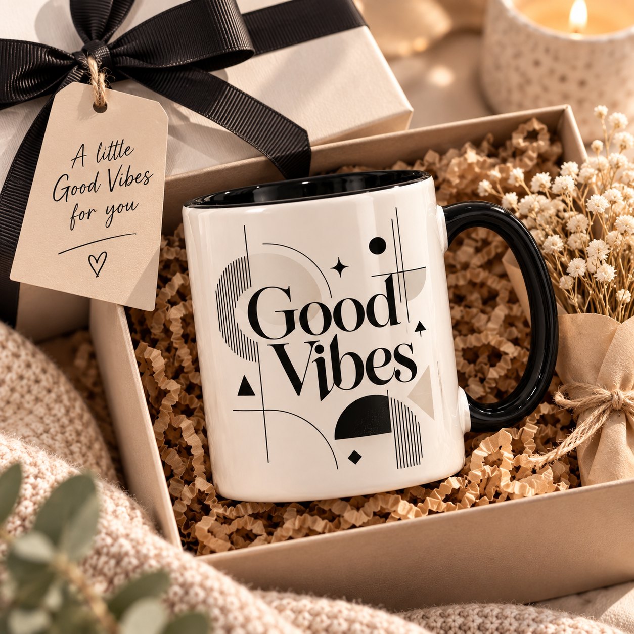 Good Vibes mug in a gift box with ribbon and a gift tag - gift idea Toronto