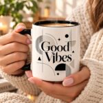 Hands holding the Good Vibes ceramic mug filled with coffee - large 15oz art deco mug Toronto