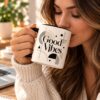 Woman drinking from the Good Vibes mug - 15oz Art Deco ceramic mug with charcoal handle - PrintMyVibe Toronto