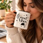 Woman drinking from the Good Vibes mug - 15oz Art Deco ceramic mug with charcoal handle - PrintMyVibe Toronto