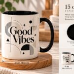 Good Vibes mug size guide - 15oz, 4.6 inches tall by 3.4 inches across, compared with a standard 11oz mug