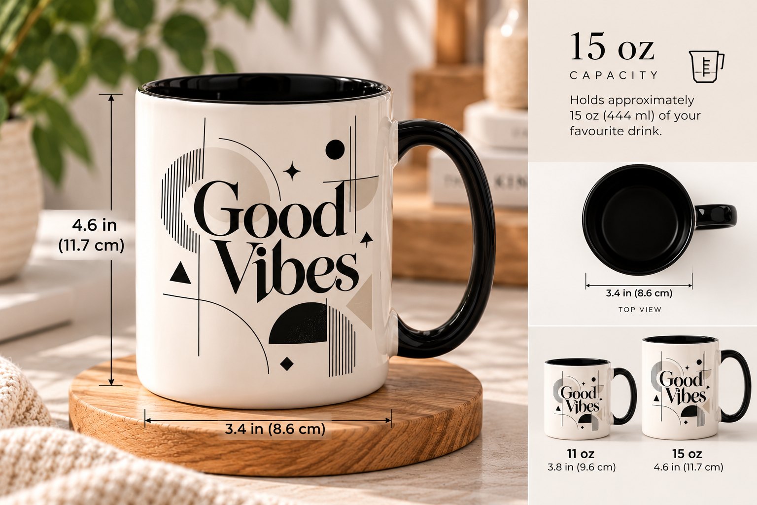 Good Vibes mug size guide - 15oz, 4.6 inches tall by 3.4 inches across, compared with a standard 11oz mug