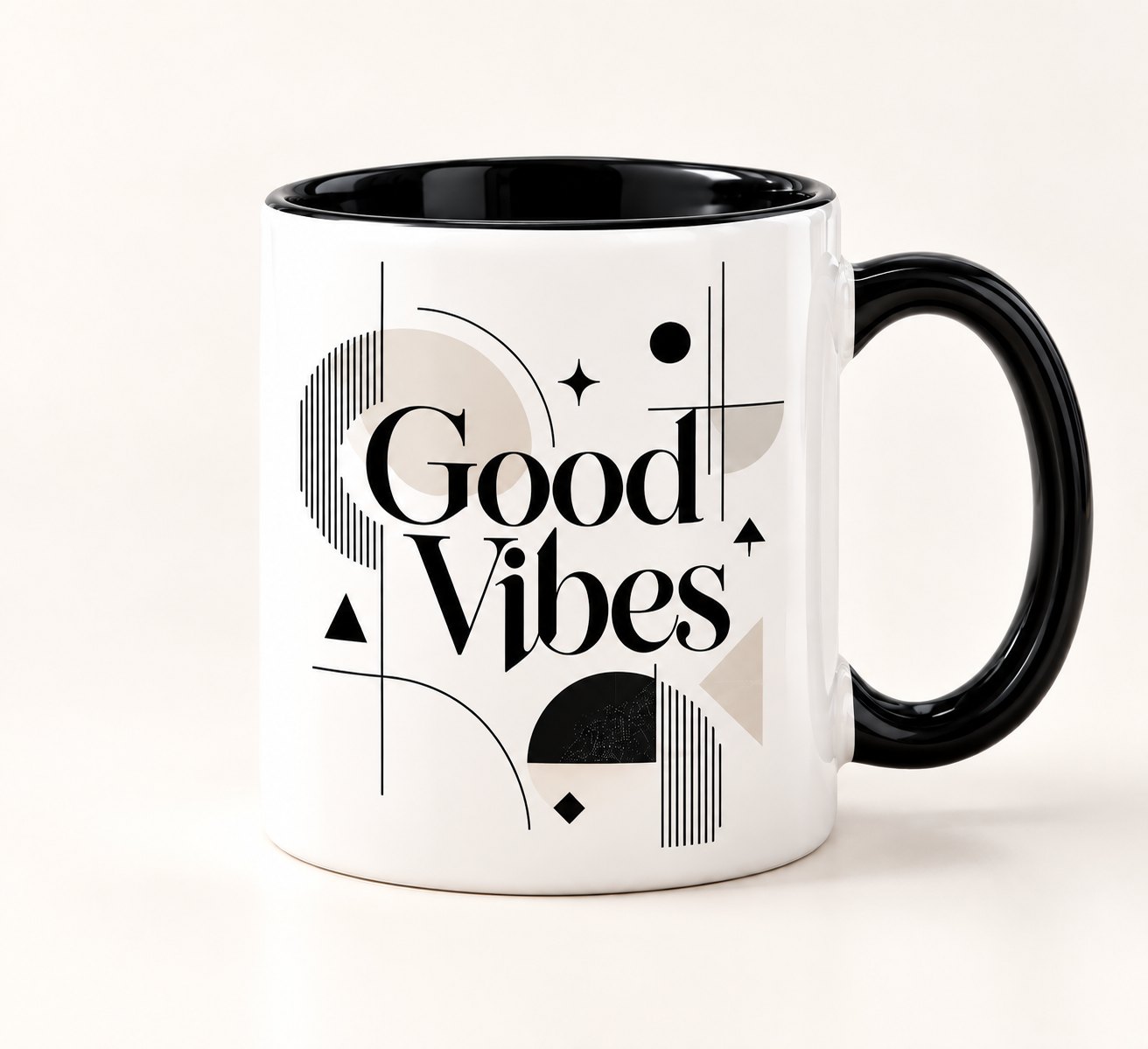 Good Vibes mug - Art Deco geometric print in black and sand on white ceramic with charcoal handle