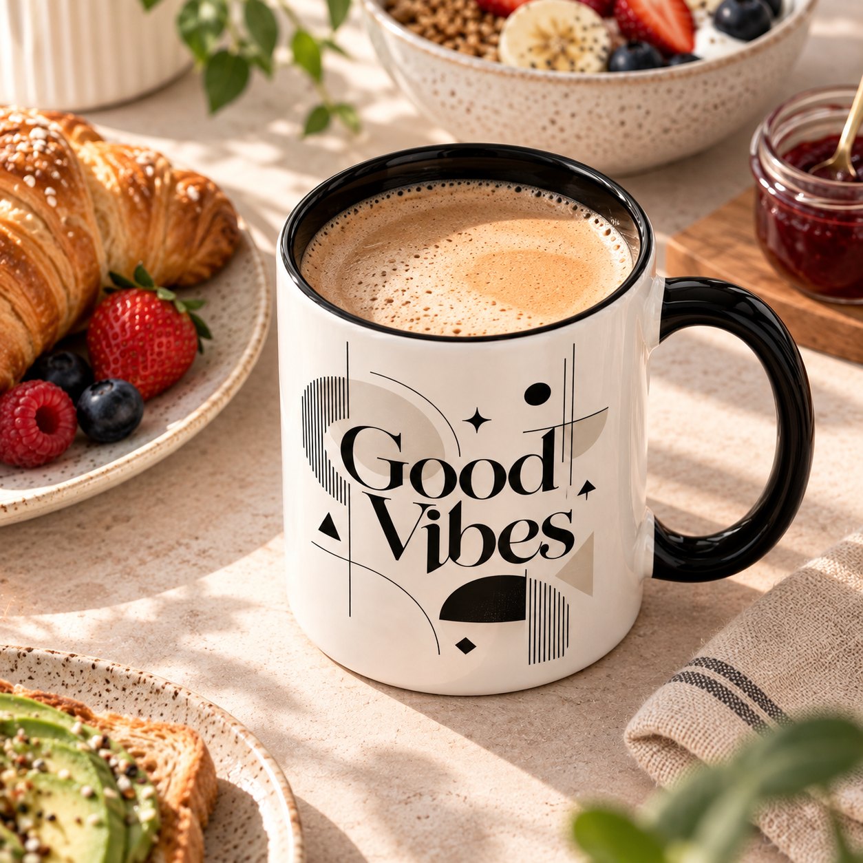 Good Vibes mug with a croissant, berries and avocado toast - 15oz breakfast coffee mug Toronto