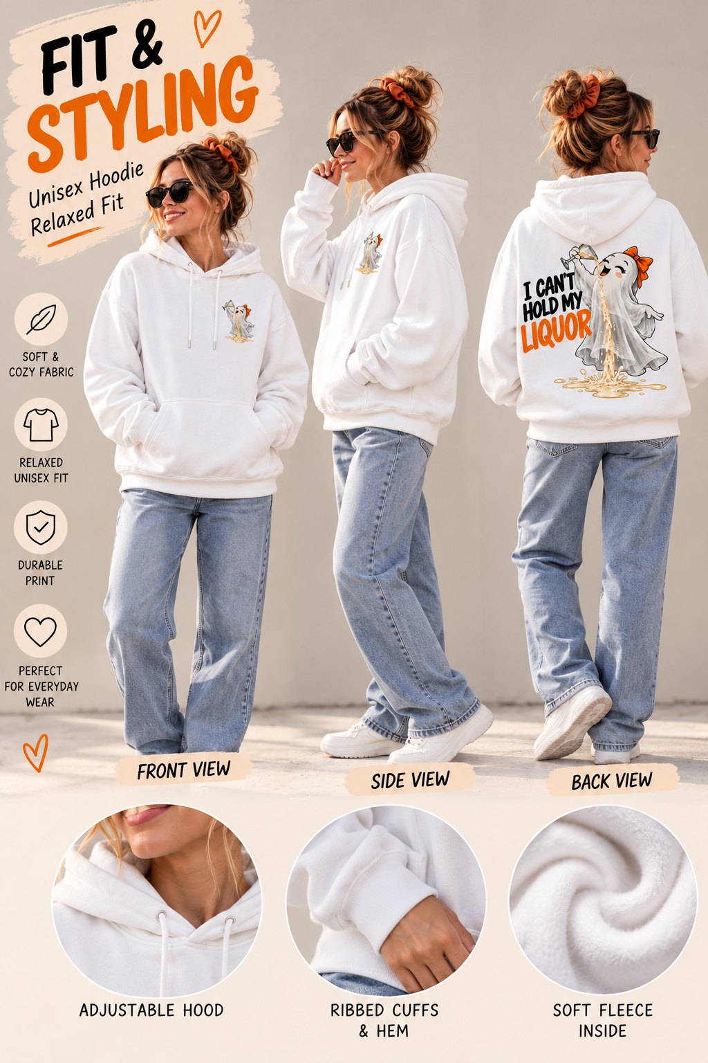 I Can't Hold My Liquor hoodie fit and styling guide - front, side and back views with fabric details
