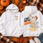White I Can't Hold My Liquor hoodie flat lay with pumpkins, autumn leaves and a plaid blanket