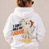 Woman wearing the white I Can't Hold My Liquor hoodie, back view - funny ghost Halloween hoodie - PrintMyVibe Toronto