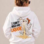 Woman wearing the white I Can't Hold My Liquor hoodie, back view - funny ghost Halloween hoodie - PrintMyVibe Toronto