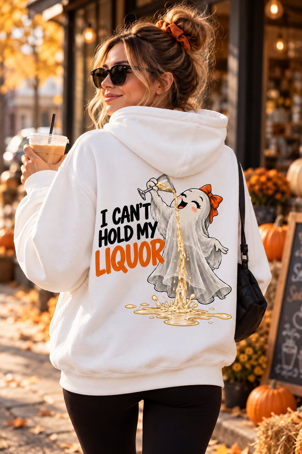 White ghost Halloween hoodie worn on an autumn street with an iced coffee - funny drinking hoodie Toronto