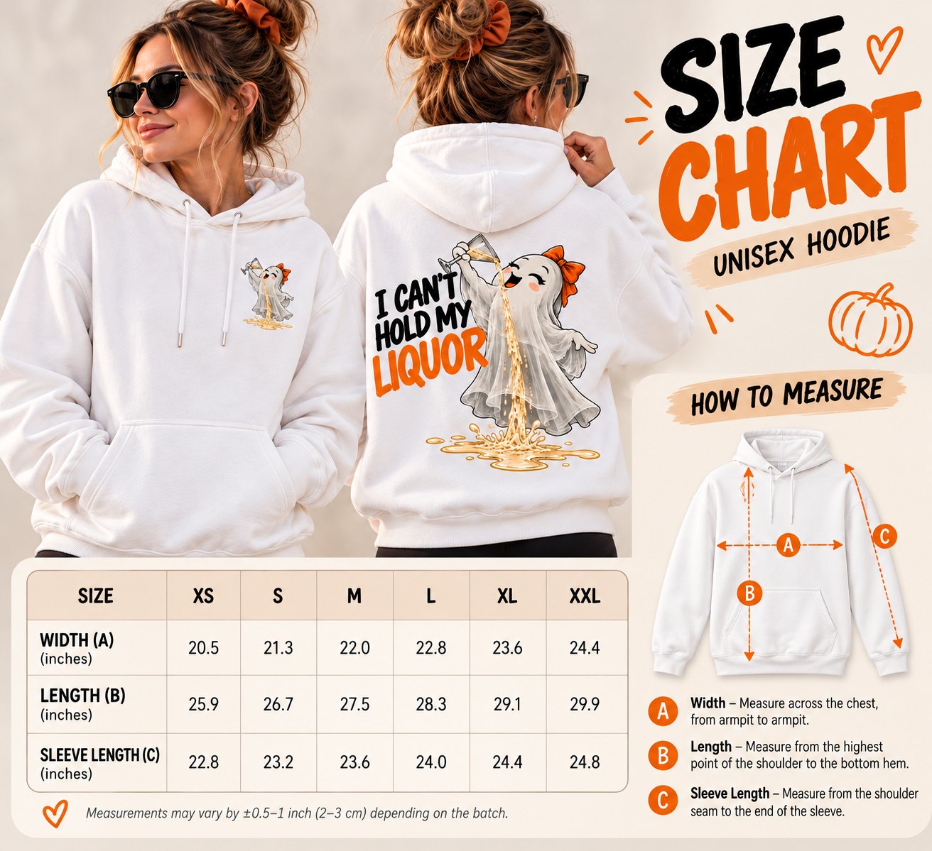 Unisex hoodie size chart - width, length and sleeve measurements in inches with how to measure