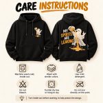 Hoodie care instructions - machine wash cold inside out, do not bleach, tumble dry low, do not iron the print