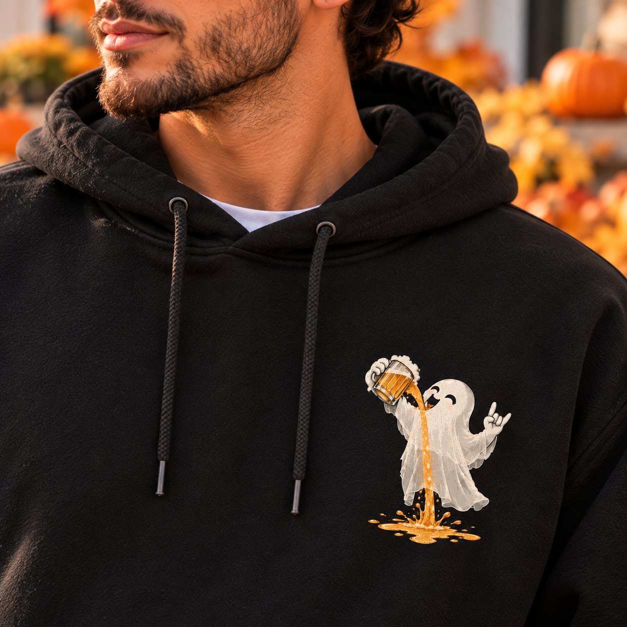 Close-up of the small chest print - cartoon ghost raising a beer that pours straight through it