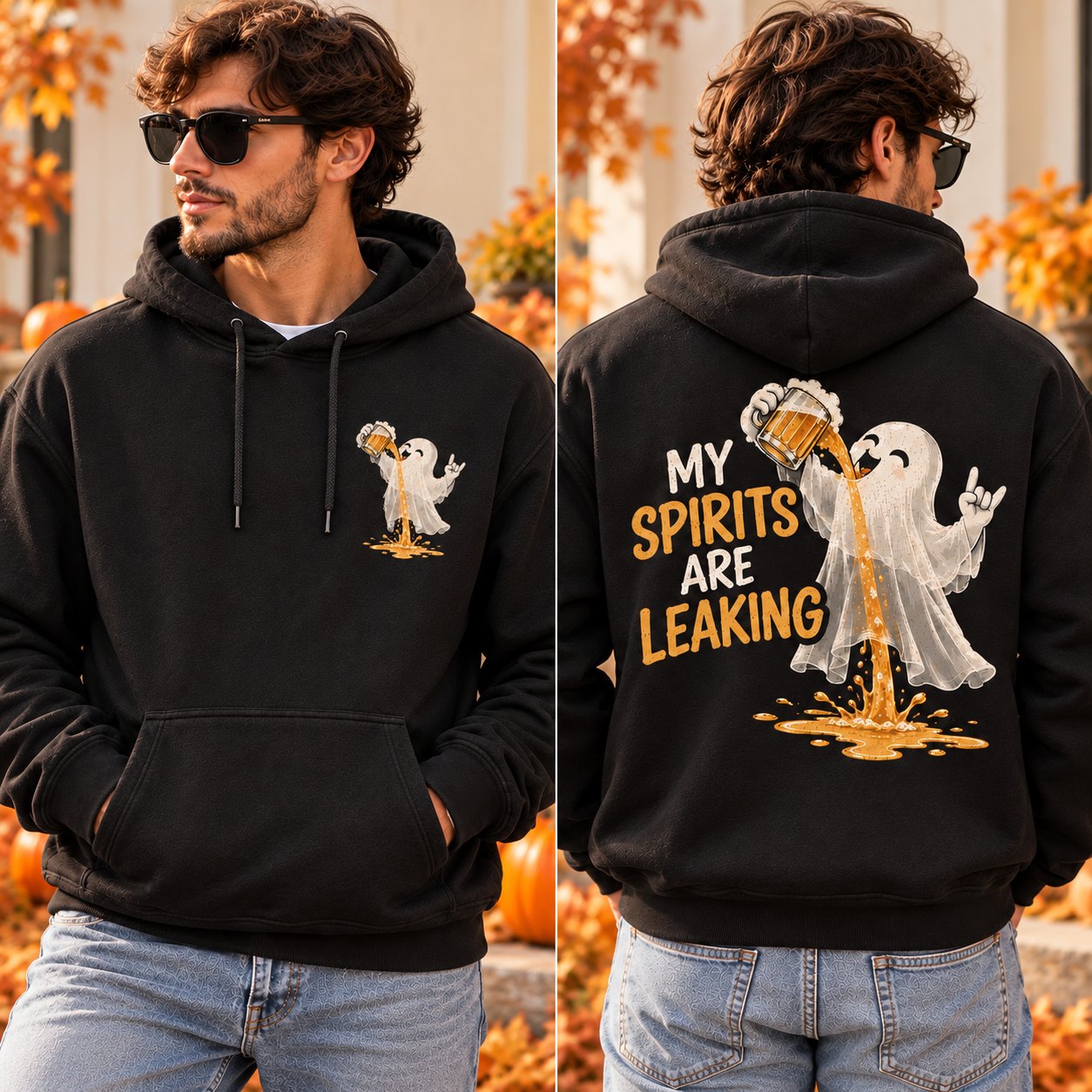 My Spirits Are Leaking hoodie front and back view - small chest print and large back print