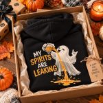 My Spirits Are Leaking hoodie in a gift box with a tag - funny Halloween gift idea Toronto