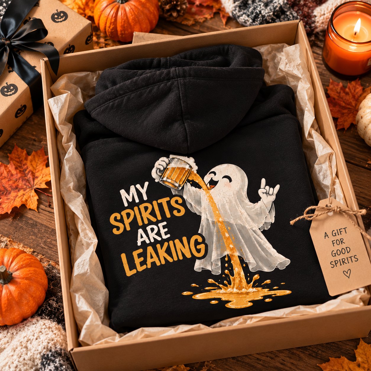 My Spirits Are Leaking hoodie in a gift box with a tag - funny Halloween gift idea Toronto
