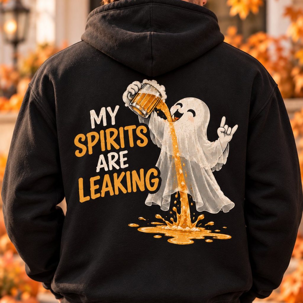 Man wearing the black My Spirits Are Leaking hoodie, back view - funny ghost beer Halloween hoodie - PrintMyVibe Toronto