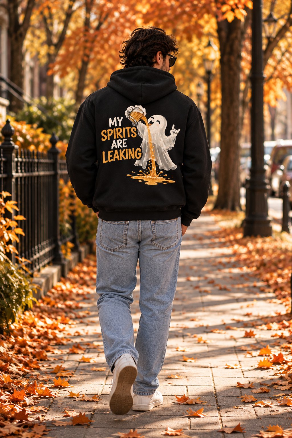 Black ghost beer hoodie worn walking down an autumn street - back print Halloween hoodie Toronto
