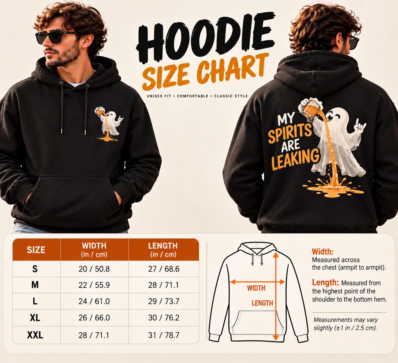 Unisex hoodie size chart - width and length measurements in inches and centimetres with how to measure