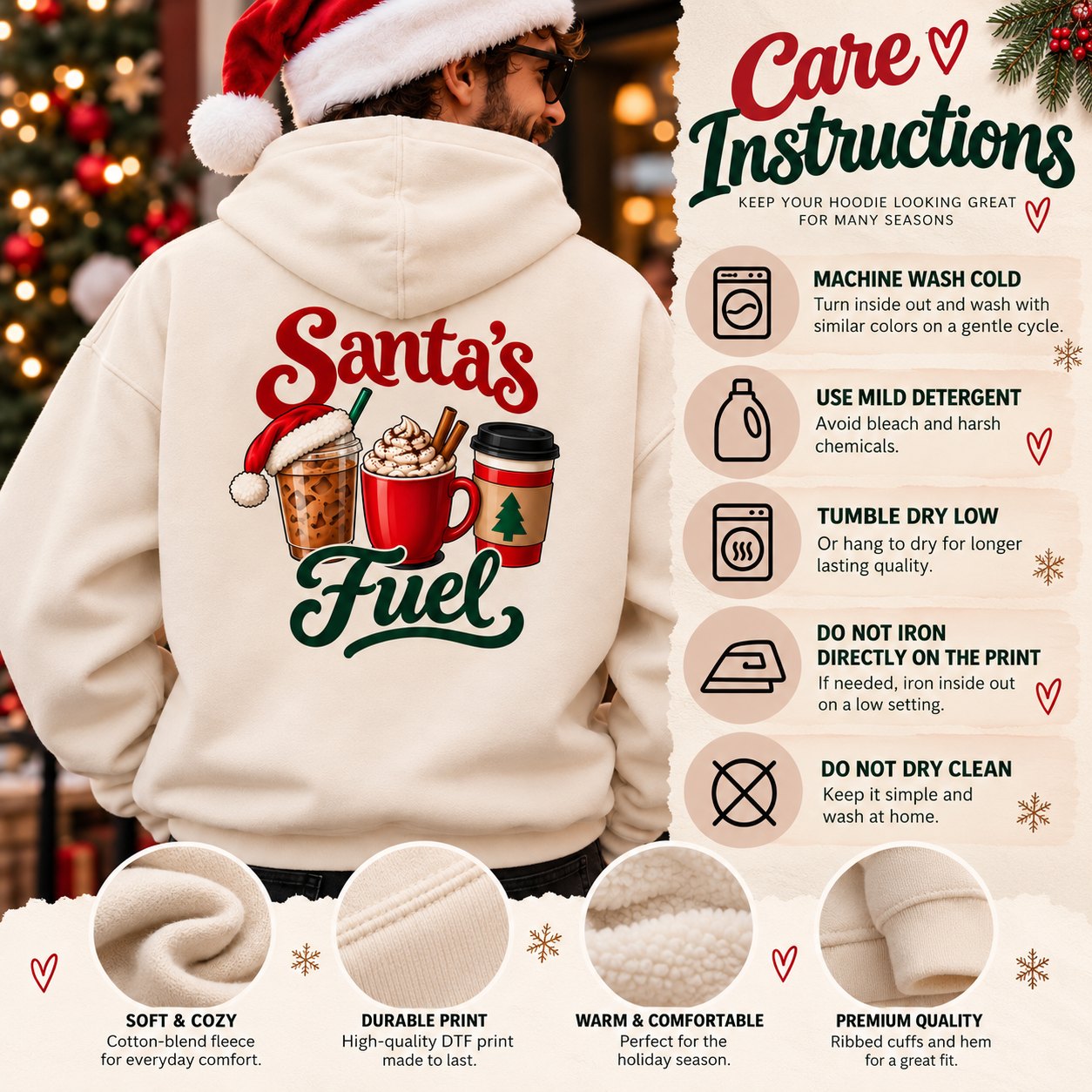 Hoodie care instructions - machine wash cold inside out, mild detergent, tumble dry low, do not iron the print