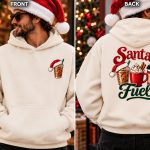 Santa's Fuel hoodie front and back - small chest print and large Christmas coffee back print on cream