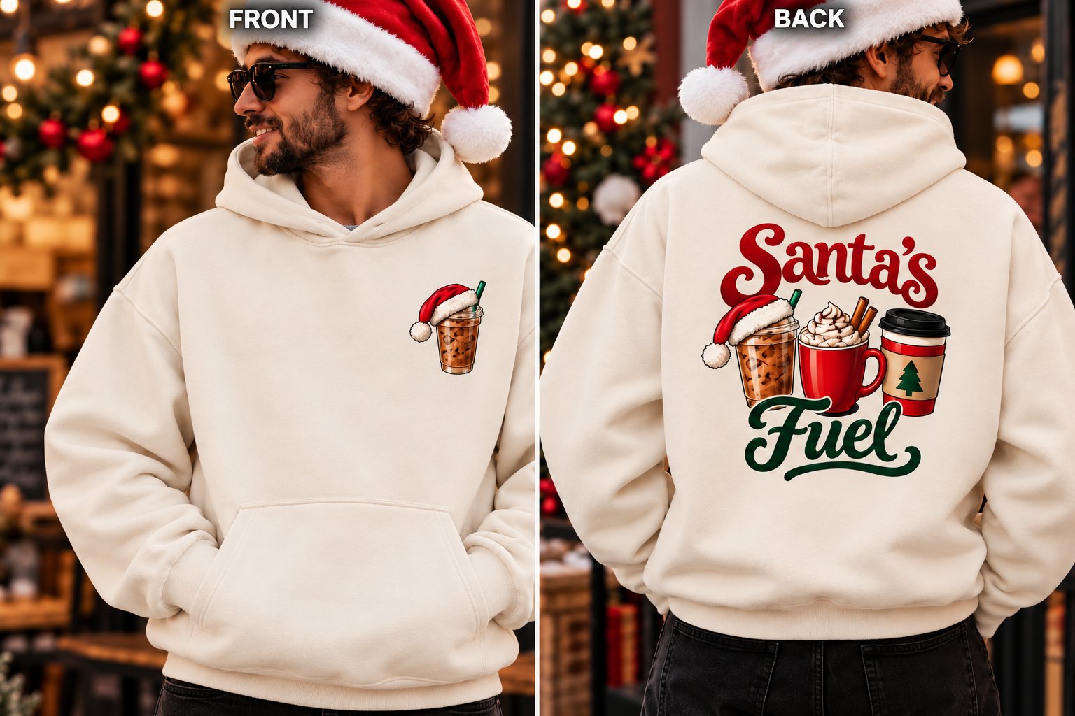 Santa's Fuel hoodie front and back - small chest print and large Christmas coffee back print on cream