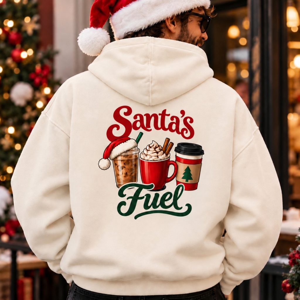 Man in a Santa hat wearing the cream Santa's Fuel hoodie, back view - Christmas coffee hoodie - PrintMyVibe Toronto