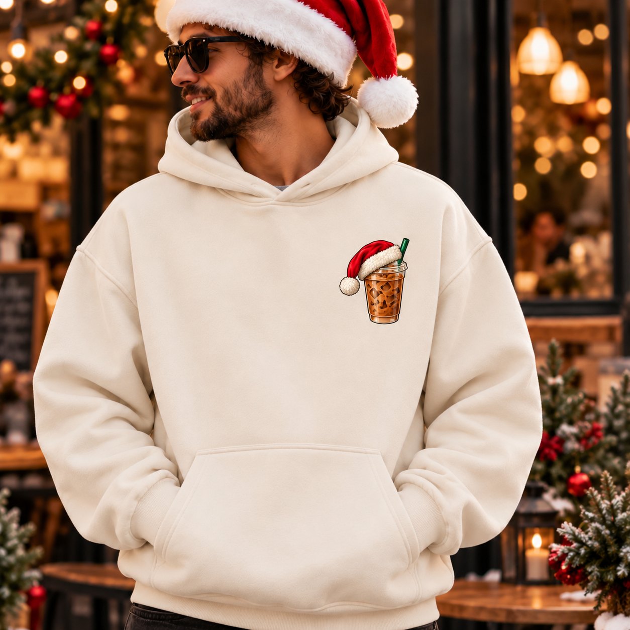 Man in a Santa hat wearing the cream Santa's Fuel hoodie at a Christmas market - small iced coffee chest print
