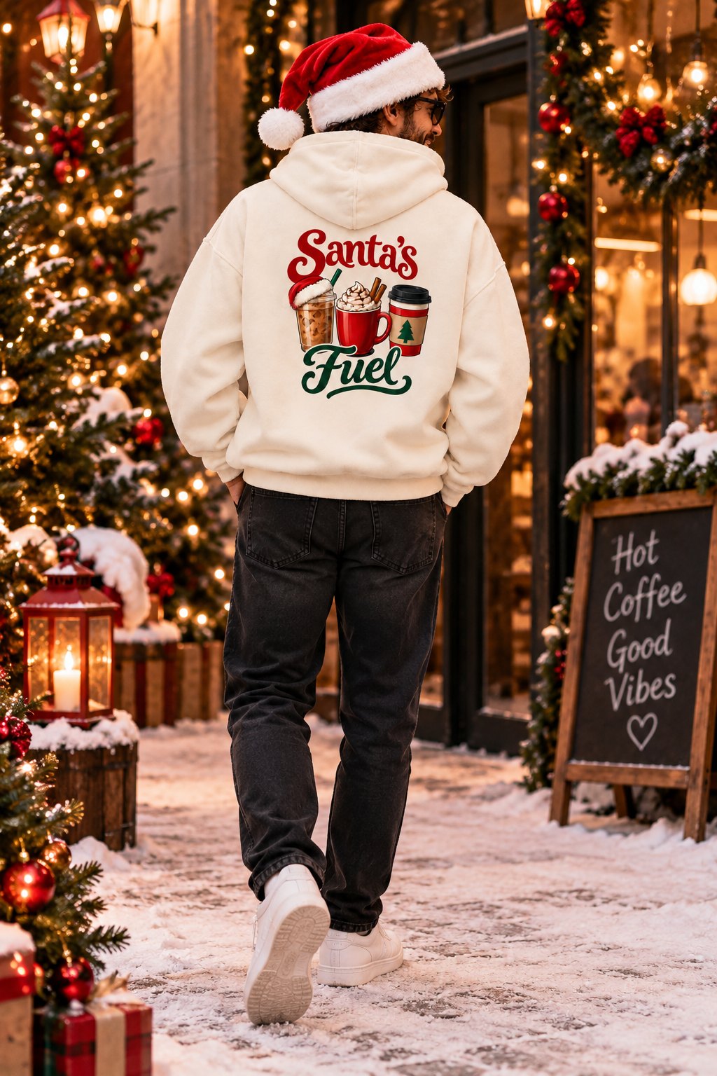 Back of the Santa's Fuel hoodie walking down a snowy street past Christmas trees - holiday coffee hoodie Toronto