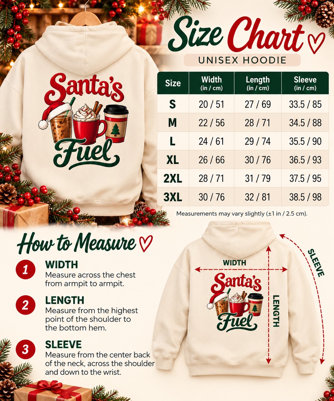 Unisex hoodie size chart - width, length and sleeve in inches and centimetres with how to measure