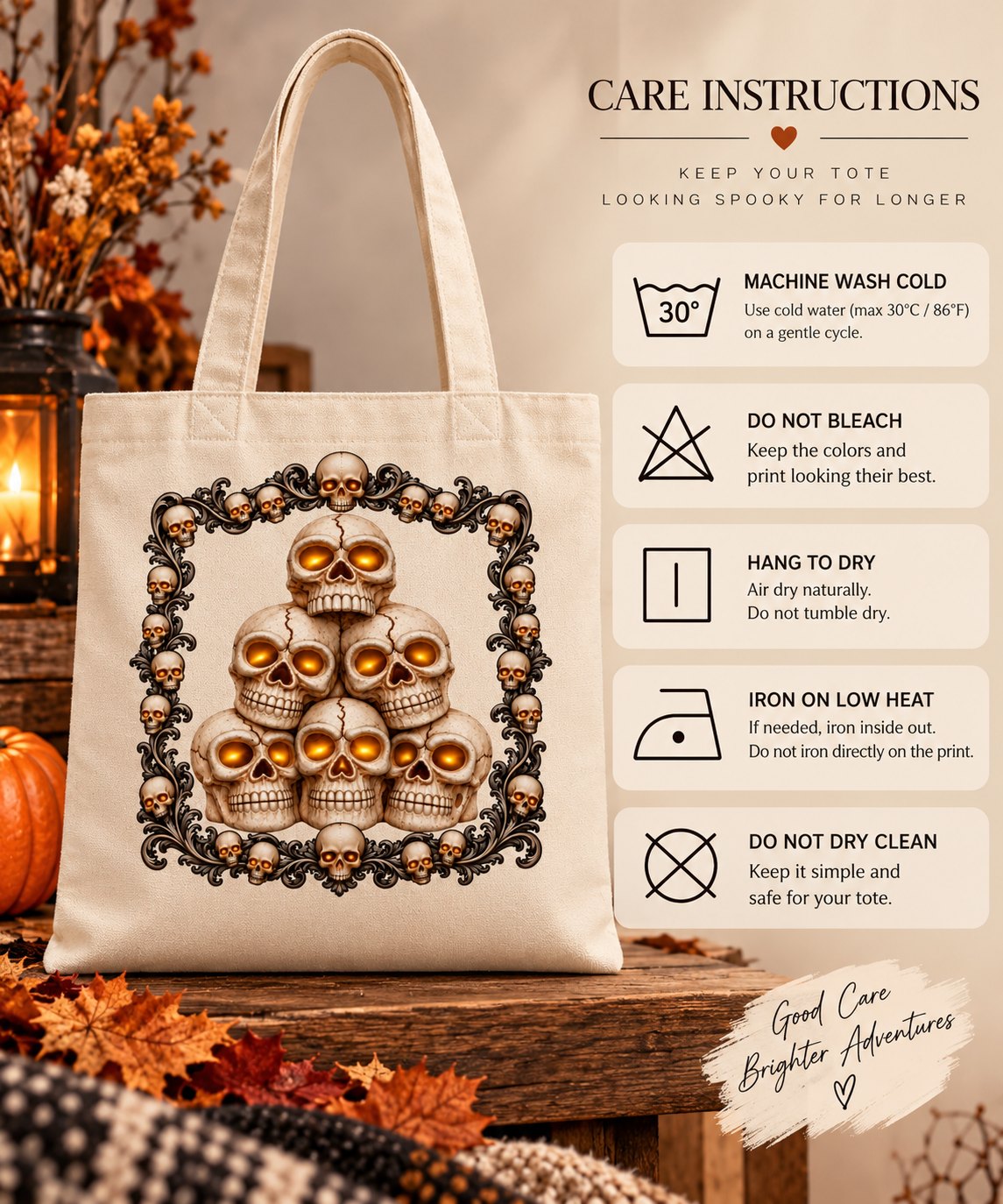 Tote bag care instructions - machine wash cold, do not bleach, hang to dry, iron on low inside out