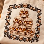 Close-up of the Skull tote print - cracked ivory skulls with glowing amber eyes inside a baroque frame