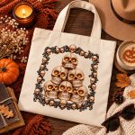 Skull tote bag flat lay with a candle, pumpkin, books and a latte - dark academia canvas tote