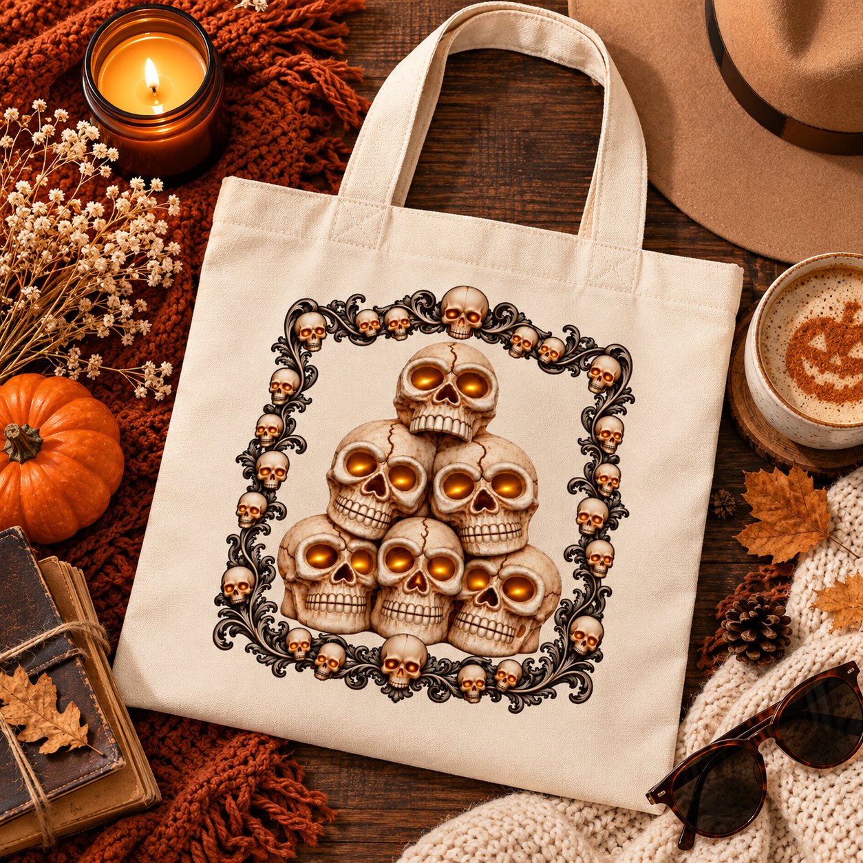 Skull tote bag flat lay with a candle, pumpkin, books and a latte - dark academia canvas tote