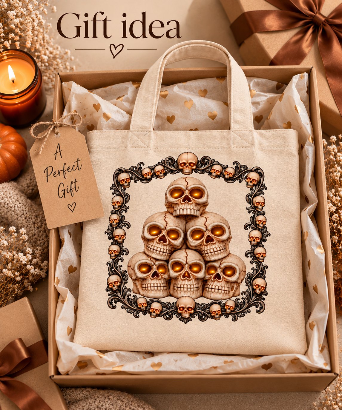 Skull tote bag in a gift box with tissue and a gift tag - gothic Halloween gift idea Toronto