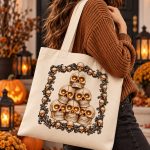 Skull tote bag worn on the shoulder with a brown sweater on a porch with pumpkins - gothic canvas tote Toronto