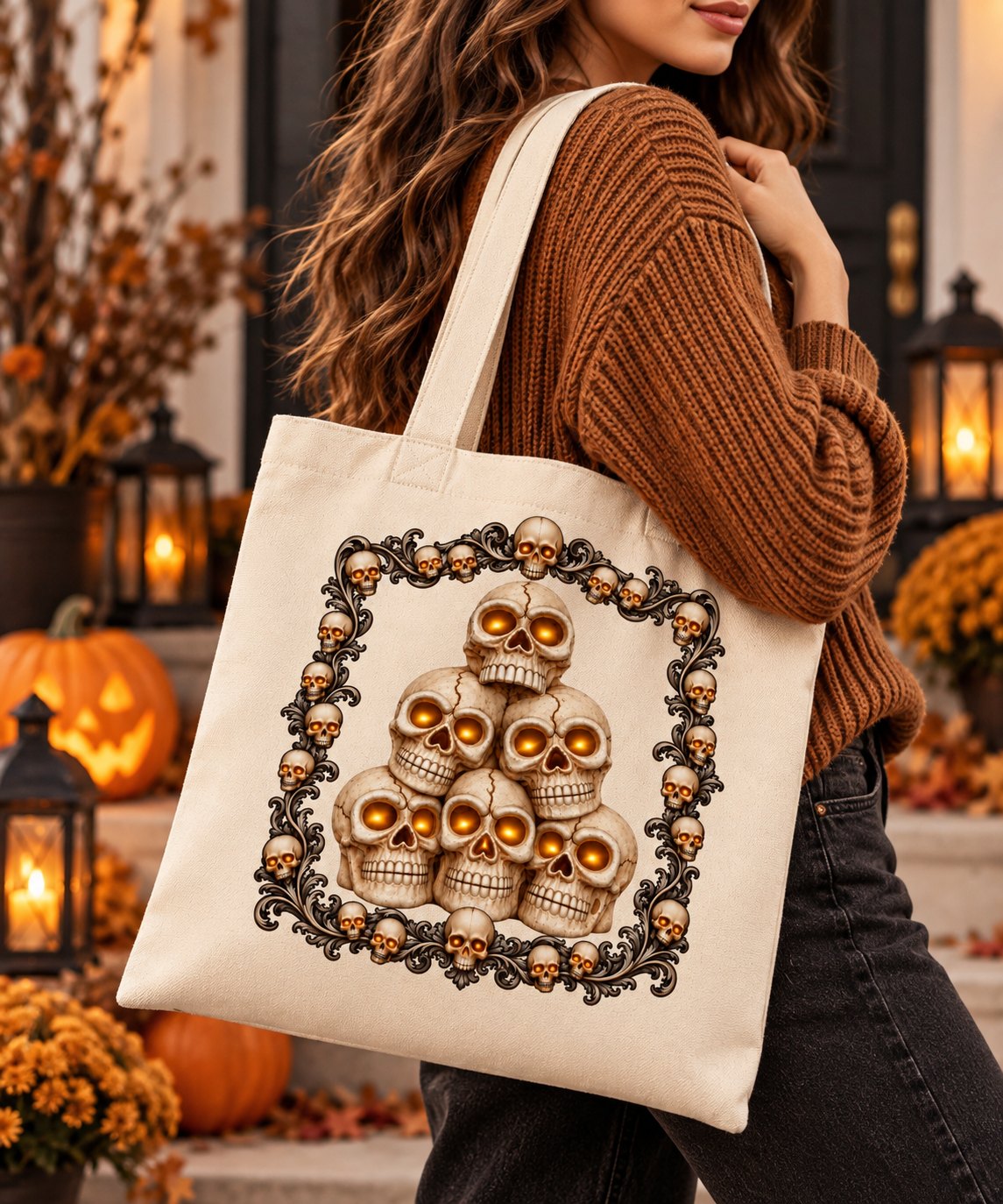 Skull tote bag worn on the shoulder with a brown sweater on a porch with pumpkins - gothic canvas tote Toronto