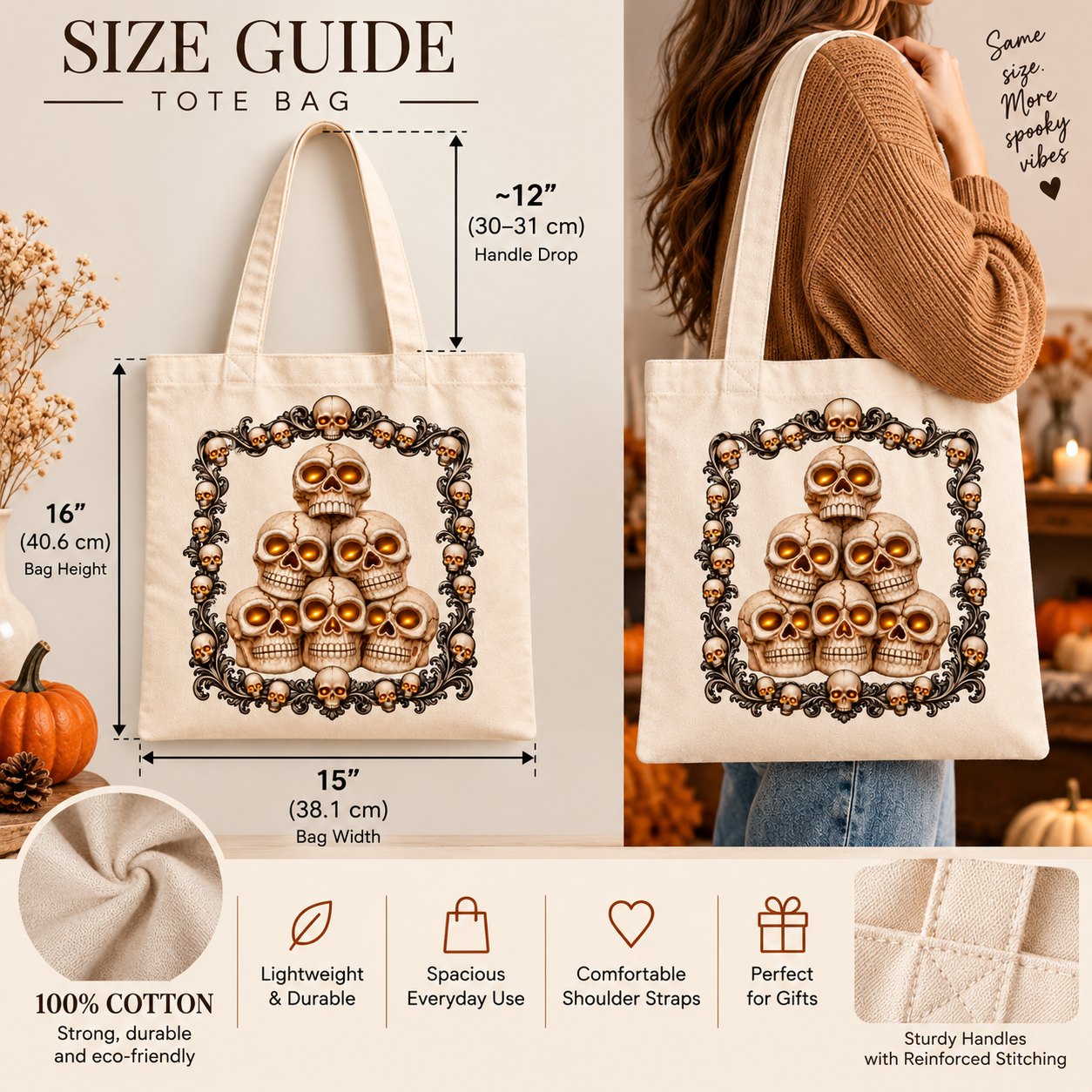 Skull tote bag size guide - 40.6cm tall by 38.1cm wide with a 30cm handle drop, 100% cotton