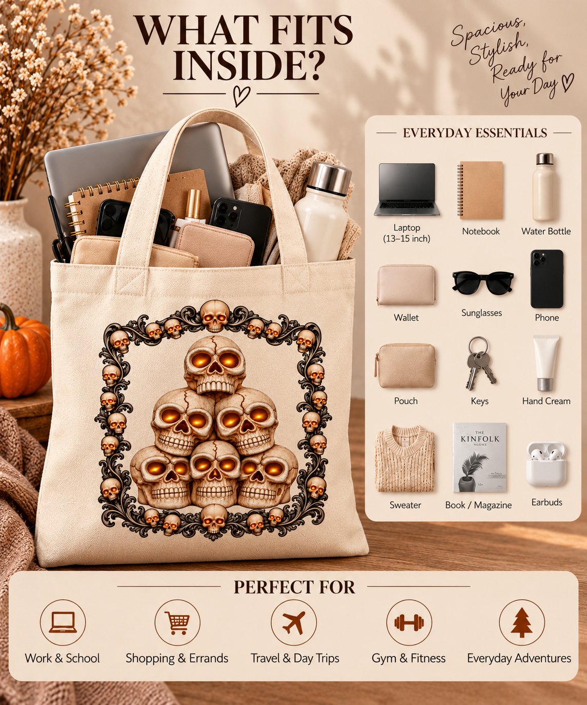 What fits inside the Skull tote - laptop, notebook, water bottle, phone, wallet, keys and a sweater