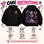 Hoodie care instructions - machine wash cold inside out, do not bleach, tumble dry low, do not iron the print
