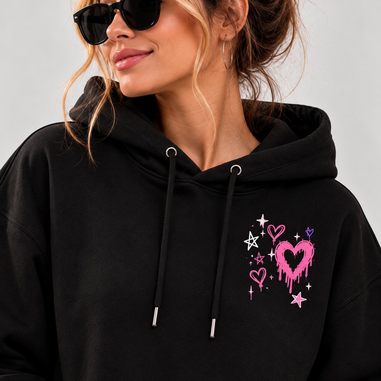 Close-up of the small chest print - dripping pink heart with stars on black fleece