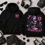 Too Ghoul For You hoodie flat lay with headphones, boots and jeans - pink and black streetwear hoodie