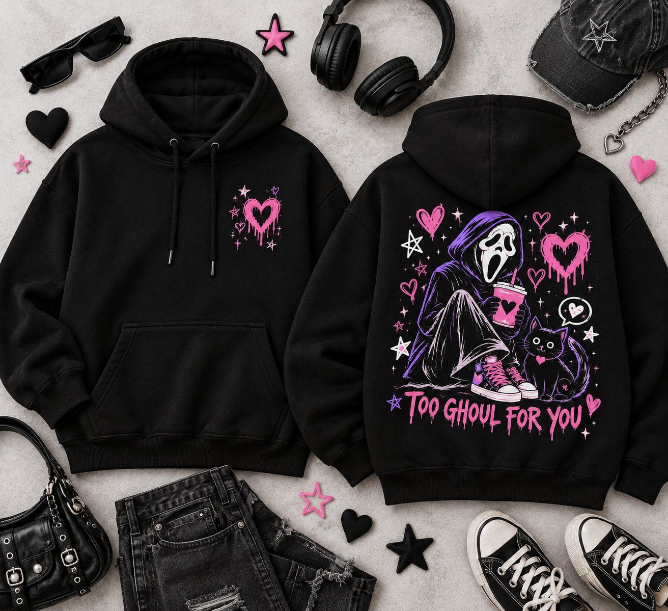 Too Ghoul For You hoodie flat lay with headphones, boots and jeans - pink and black streetwear hoodie