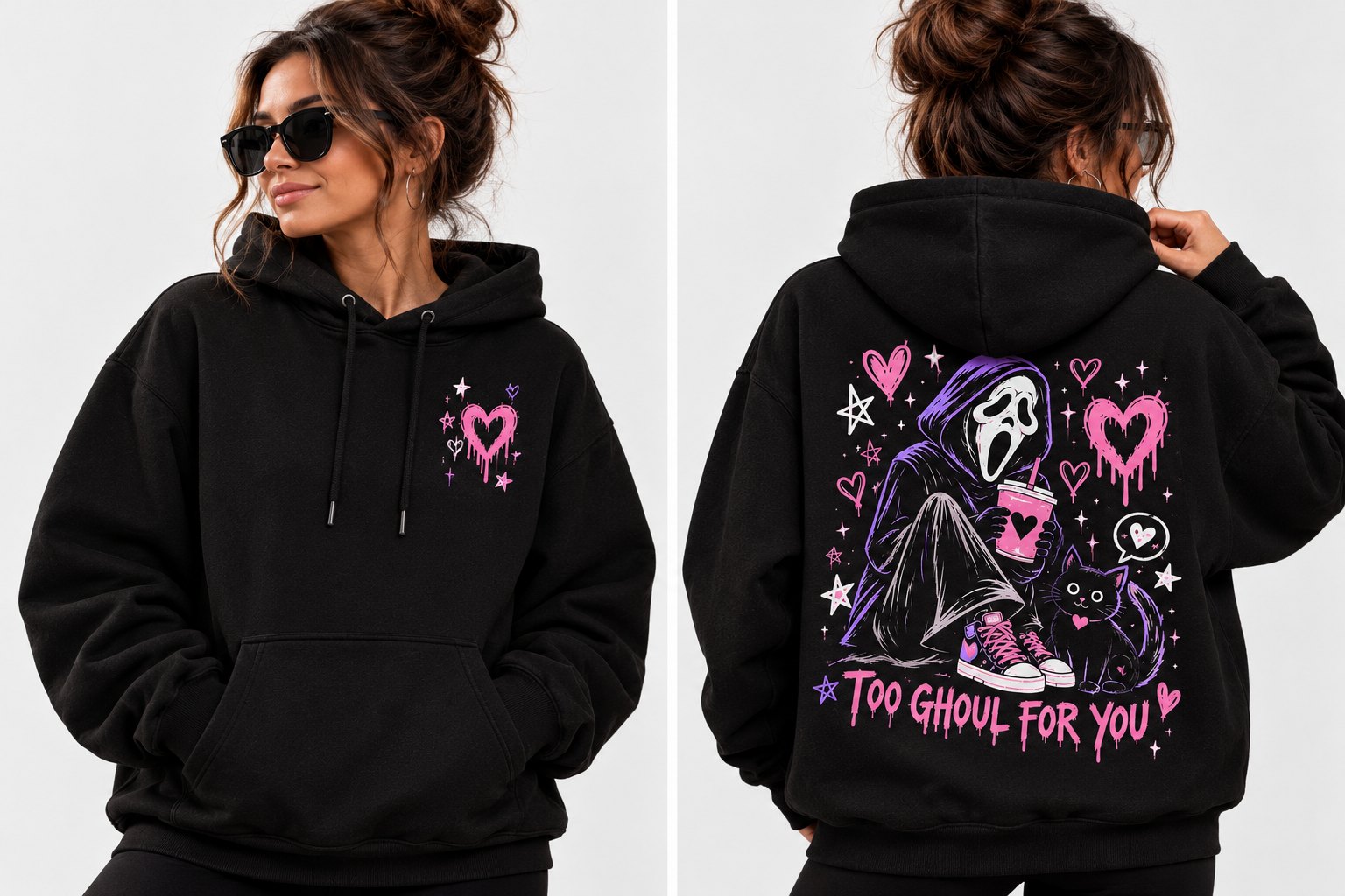 Too Ghoul For You hoodie front and back view - small chest heart and large back print
