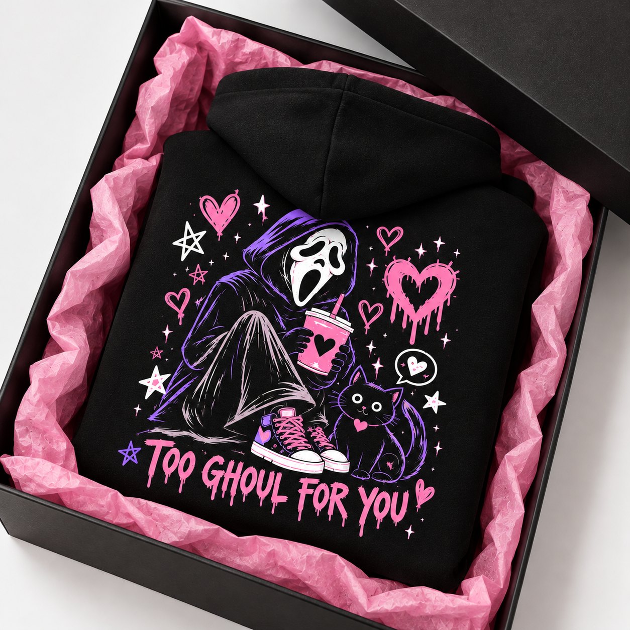 Too Ghoul For You hoodie in a black gift box with pink tissue - Halloween gift idea Toronto