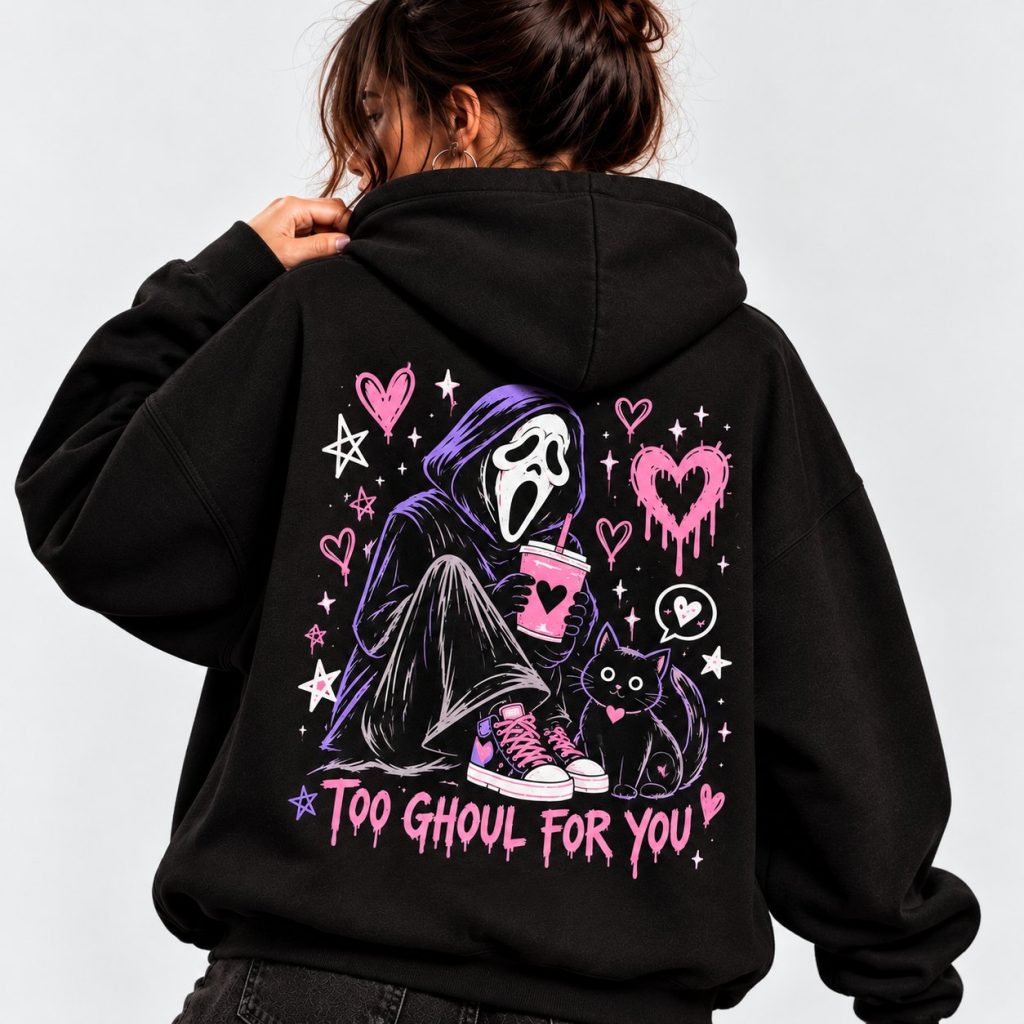 Woman wearing the black Too Ghoul For You hoodie, back view - pink ghost and black cat Halloween hoodie - PrintMyVibe Toronto