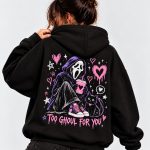 Woman wearing the black Too Ghoul For You hoodie, back view - pink ghost and black cat Halloween hoodie - PrintMyVibe Toronto
